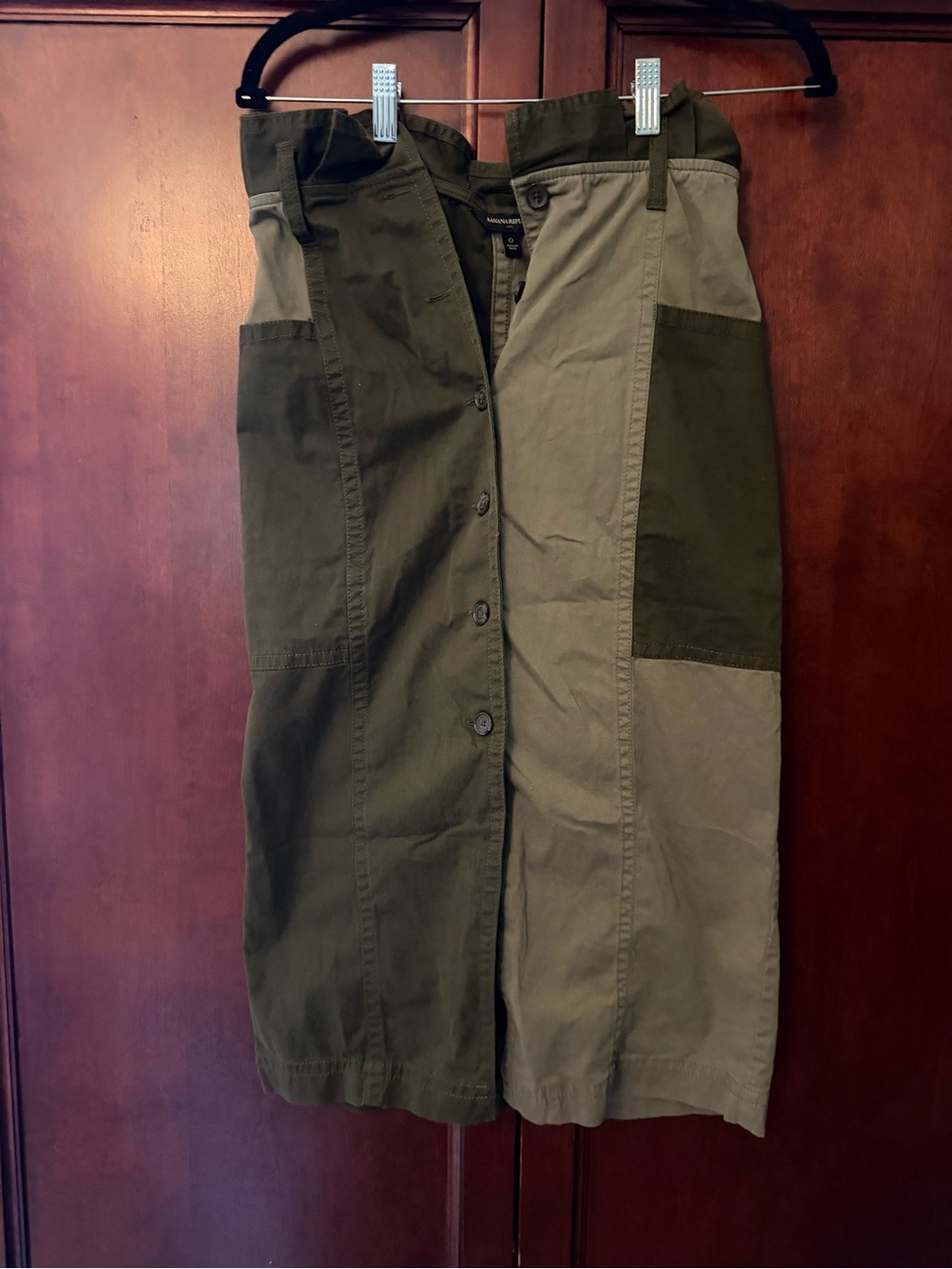 Banana Republic Two-Tone Olive Patchwork Midi Skirt